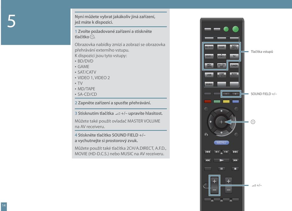 K dispozici jsou tyto vstupy: BD/DVD GAME SAT/CATV VIDEO 1, VIDEO 2 TV MD/TAPE SA-CD/CD 2 Zapněte zařízení a spusťte přehrávání.