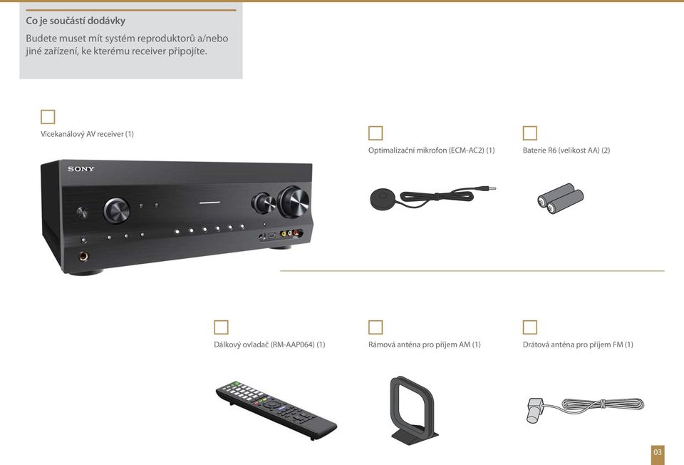 Vícekanálový AV receiver (1) Optimalizační mikrofon (ECM-AC2) (1) Baterie R6