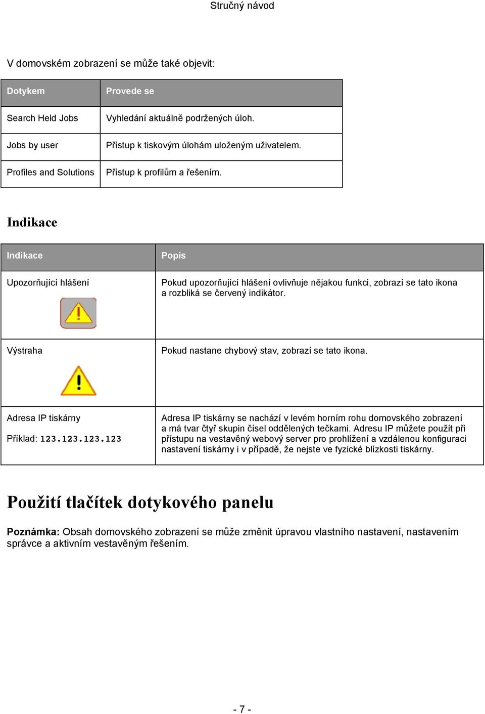 Indikace Indikace Popis Upozorňující hlášení Pokud upozorňující hlášení ovlivňuje nějakou funkci, zobrazí se tato ikona a rozbliká se červený indikátor.