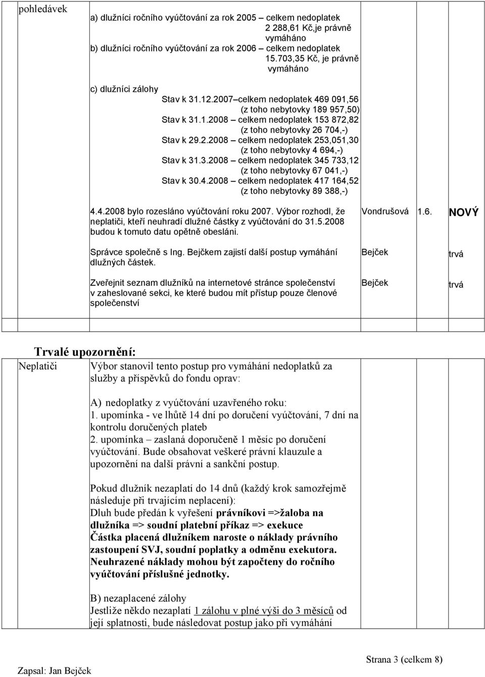 2.2008 celkem nedoplatek 253,051,30 (z toho nebytovky 4 694,-) Stav k 31.3.2008 celkem nedoplatek 345 733,12 (z toho nebytovky 67 041,-) Stav k 30.4.2008 celkem nedoplatek 417 164,52 (z toho nebytovky 89 388,-) 4.