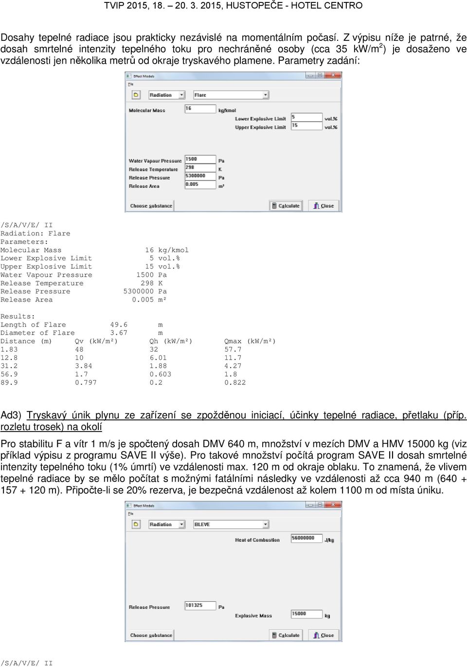 Parametry zadání: /S/A/V/E/ II Radiation: Flare Parameters: Molecular Mass 16 kg/kmol Lower Explosive Limit 5 vol.% Upper Explosive Limit 15 vol.