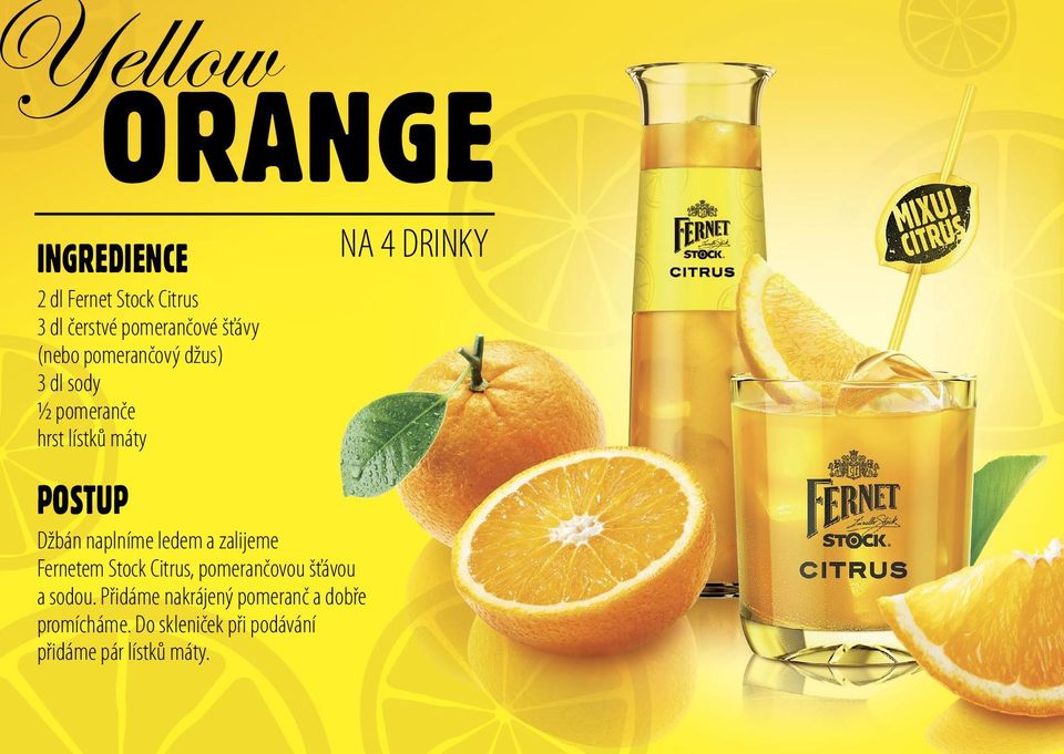 Fernetem Stock Citrus, pomerančovou šťávou a sodou.