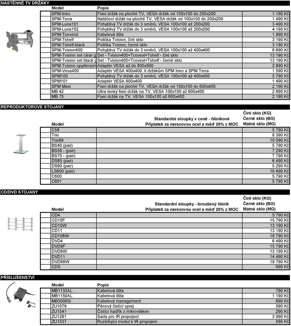 sklo 3 190 Kč SPM-Tshelf-black Polička Tvision, černé sklo 3 190 Kč SPM-Tvision400 Pohyblivý TV držák do 3 směrů, VESA 100x100 až 400x400 8 690 Kč SPM-Tvision set clear glass Set -