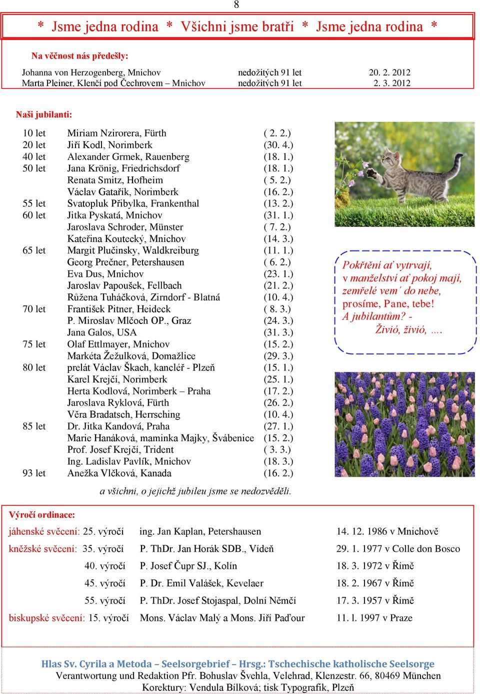 ) 40 let Alexander Grmek, Rauenberg (18. 1.) 50 let Jana Krönig, Friedrichsdorf (18. 1.) Renata Smitz, Hofheim ( 5. 2.) Václav Gatařík, Norimberk (16. 2.) 55 let Svatopluk Přibylka, Frankenthal (13.