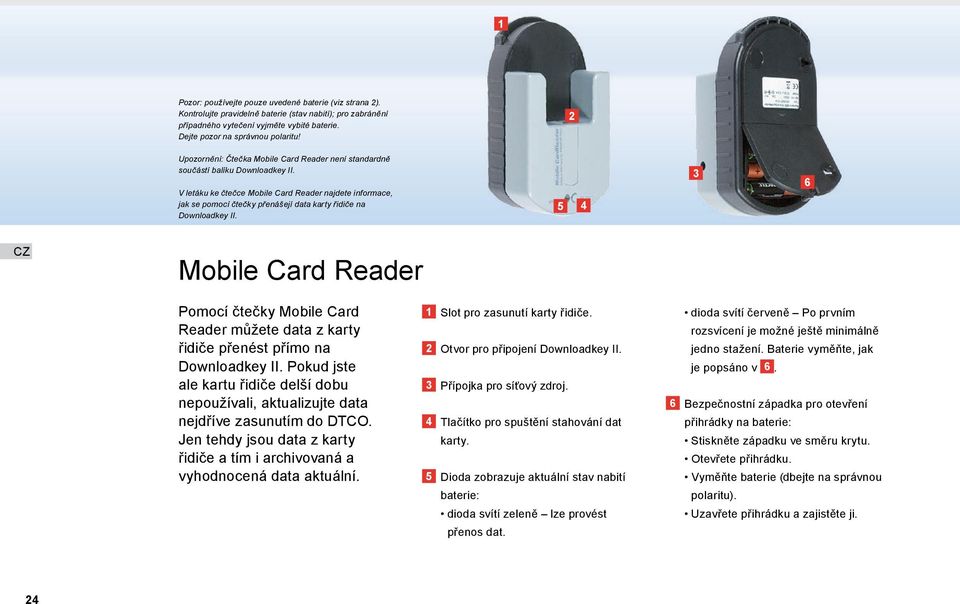 V letáku ke čtečce Mobile Card Reader najdete informace, jak se pomocí čtečky přenášejí data karty řidiče na Downloadkey II.