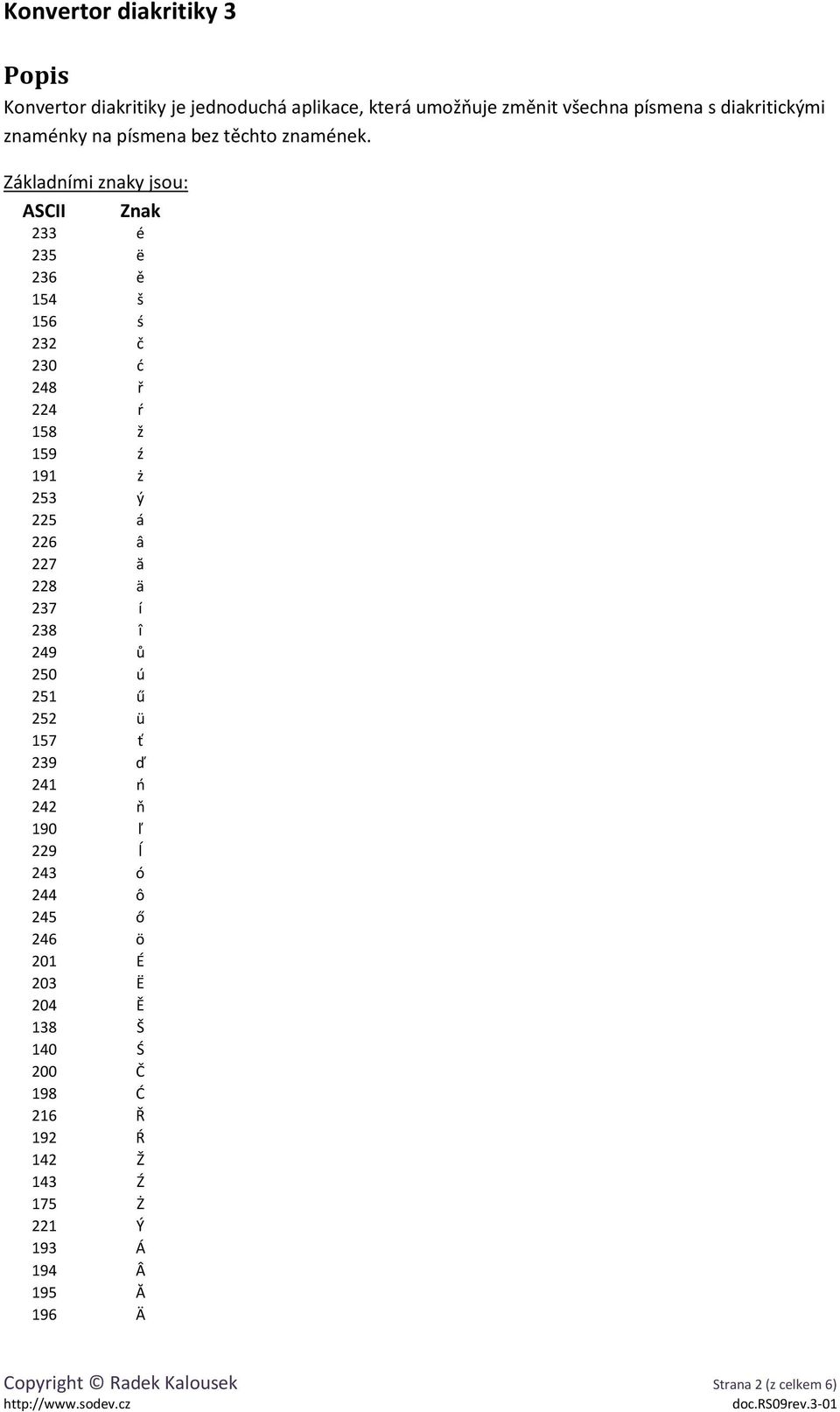 Základními znaky jsou: ASCII Znak 233 é 235 ë 236 ě 154 š 156 ś 232 č 230 ć 248 ř 224 ŕ 158 ž 159 ź 191 ż 253 ý 225 á 226 â 227 ă