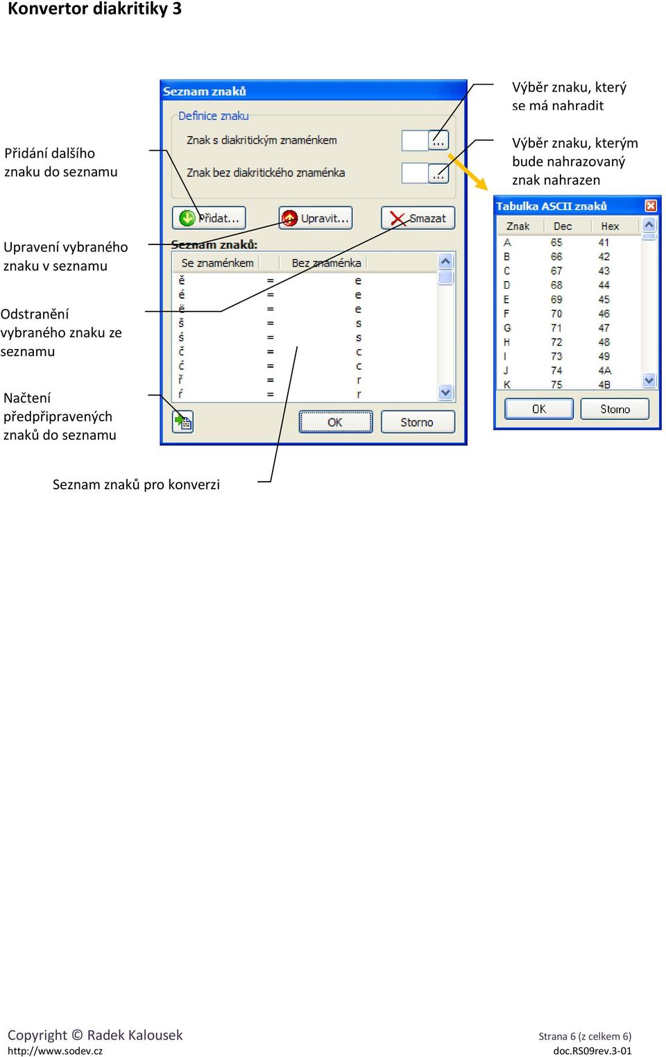 seznamu Odstranění vybraného znaku ze seznamu Načtení předpřipravených znaků