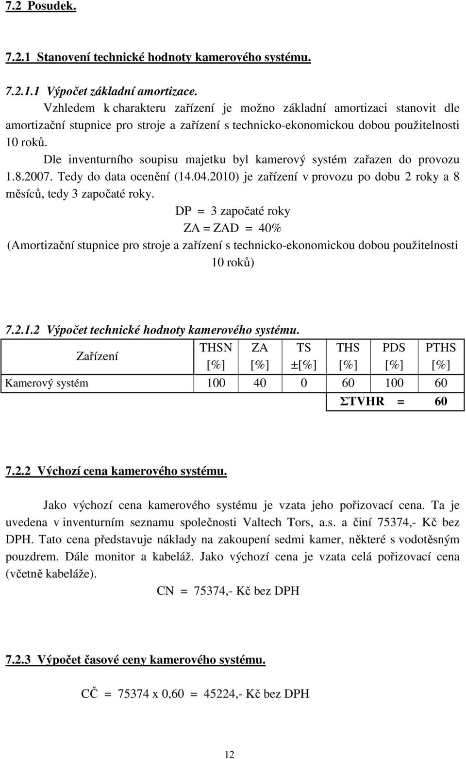 Dle inventurního soupisu majetku byl kamerový systém zařazen do provozu 1.8.2007. Tedy do data ocenění (14.04.2010) je zařízení v provozu po dobu 2 roky a 8 měsíců, tedy 3 započaté roky.