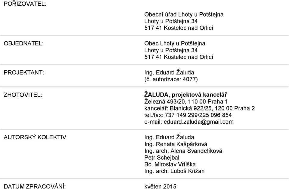autorizace: 4077) ŽALUDA, projektová kancelář Železná 493/20, 110 00 Praha 1 kancelář: Blanická 922/25, 120 00 Praha 2 tel.