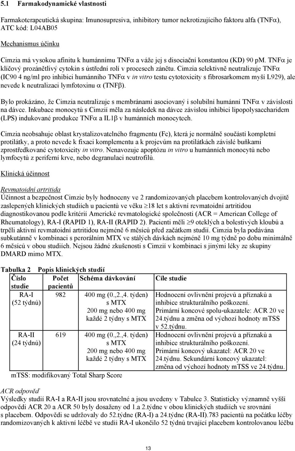 Cimzia selektivně neutralizuje TNF (IC90 4 ng/ml pro inhibici humánního TNF v in vitro testu cytotoxicity s fibrosarkomem myší L929), ale nevede k neutralizaci lymfotoxinu (TNF ).