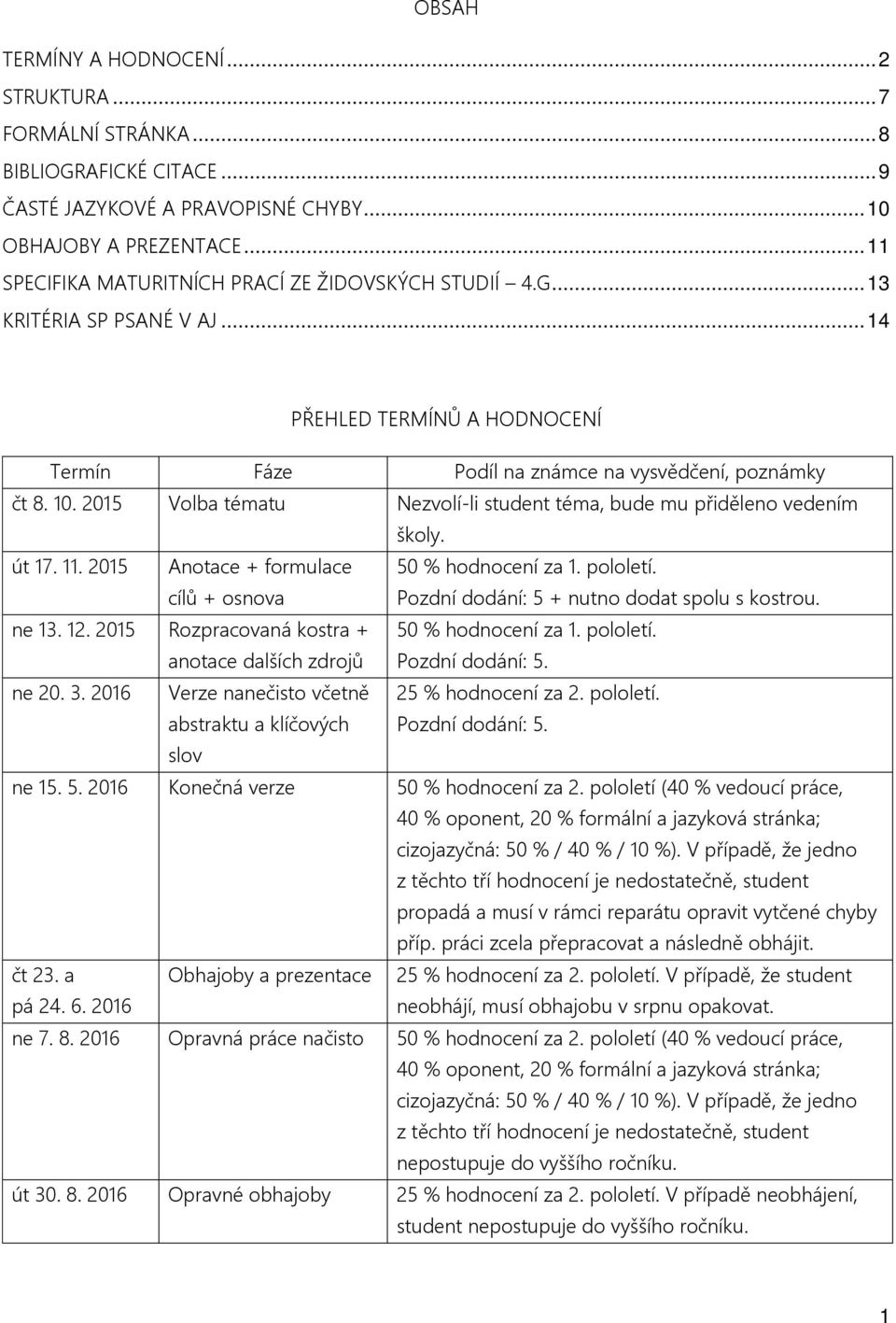 2015 Volba tématu Nezvolí-li student téma, bude mu přiděleno vedením školy. út 17. 11. 2015 Anotace + formulace cílů + osnova 50 % hodnocení za 1. pololetí.