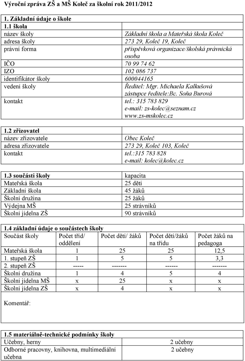 organizace/školská právnická osoba Ředitel: Mgr. Michaela Kalkušová zástupce ředitele:bc. Soňa Burová kontakt tel.: 315 783 829 e-mail: zs-kolec@seznam.cz www.zs-mskolec.cz 1.