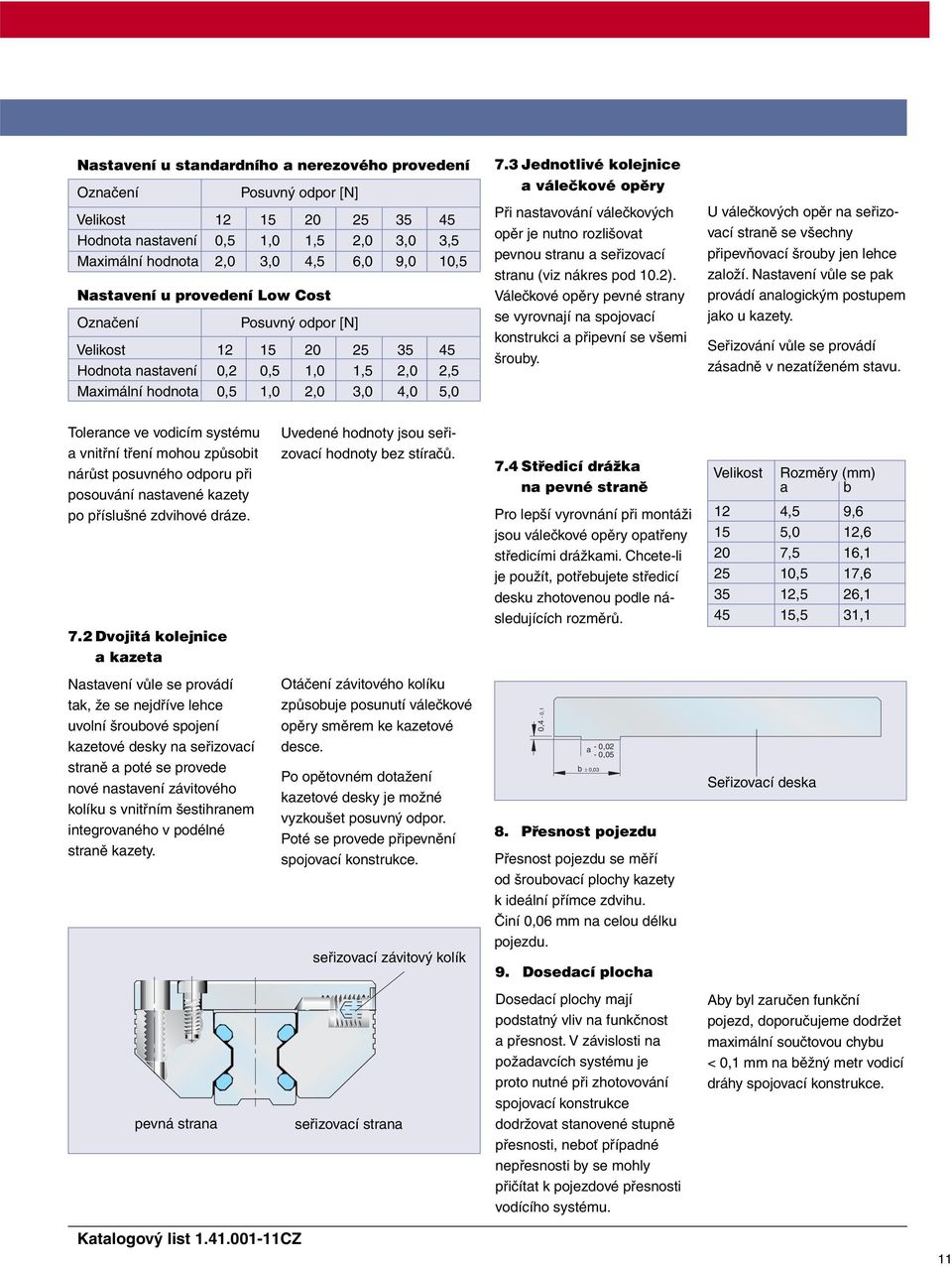 3 Jednotlivé kolejnice a válečkové opěry Při nastavování válečkových opěr je nutno rozlišovat pevnou stranu a seřizovací stranu (viz nákres pod 10.2).