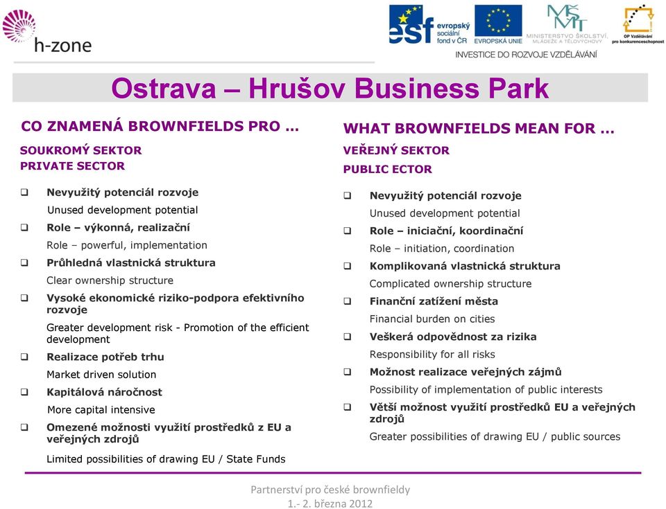 development Realizace potřeb trhu Market driven solution Kapitálová náročnost More capital intensive Omezené možnosti využití prostředků z EU a veřejných zdrojů Nevyužitý potenciál rozvoje Unused