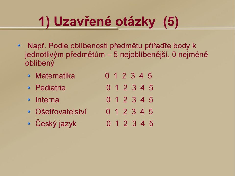 předmětům 5 nejoblíbenější, 0 nejméně oblíbený Matematika 0 1