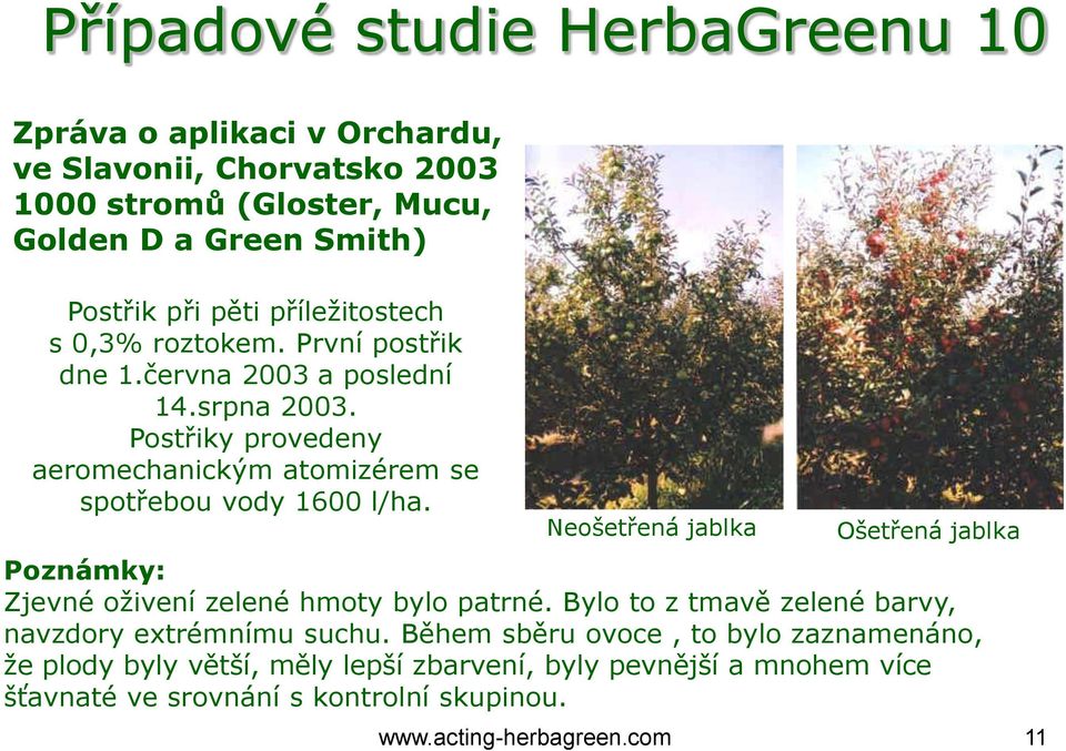 Postřiky provedeny aeromechanickým atomizérem se spotřebou vody 1600 l/ha. Neošetřená jablka Ošetřená jablka Poznámky: Zjevné oživení zelené hmoty bylo patrné.