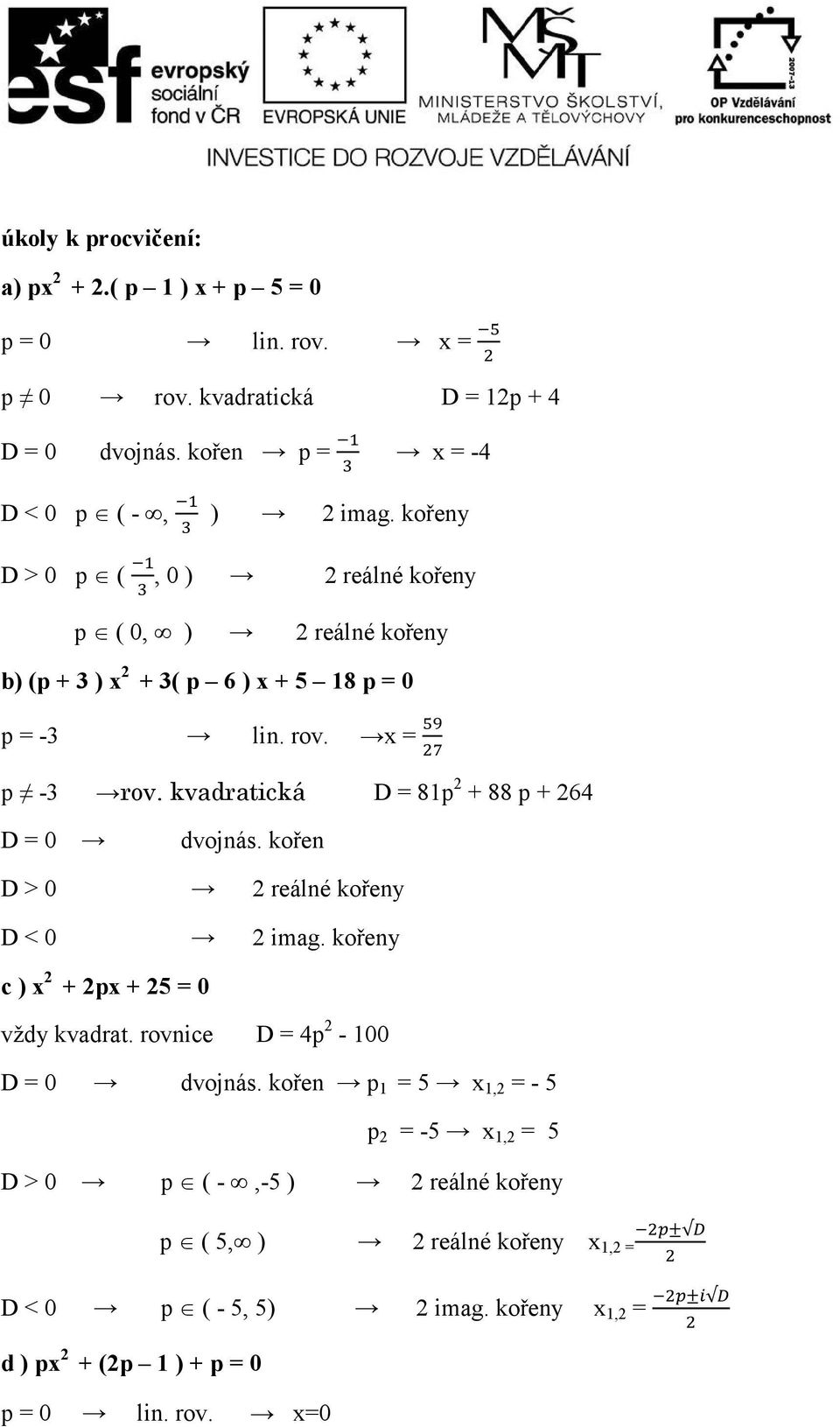 kvadratická D = 81p 2 + 88 p + 264 D = 0 dvojnás. kořen D > 0 2 reálné kořeny D < 0 2 imag. kořeny c ) x 2 + 2px + 25 = 0 vždy kvadrat.