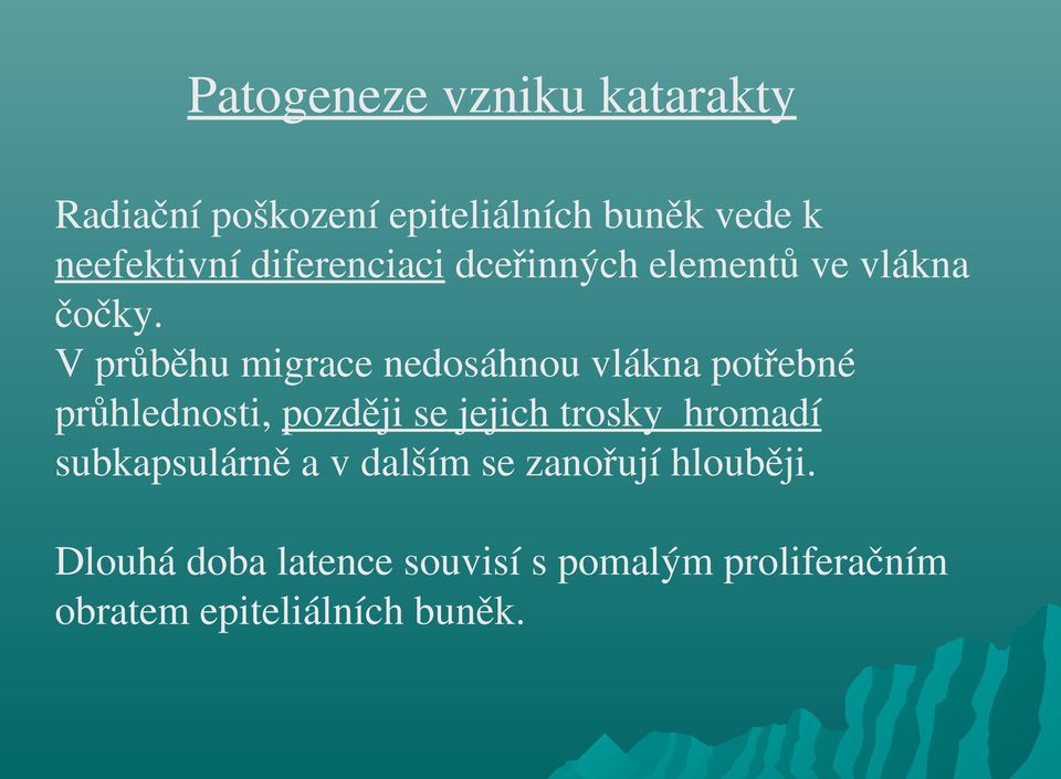 V průběhu migrace nedosáhnou vlákna potřebné průhlednosti, později se jejich trosky