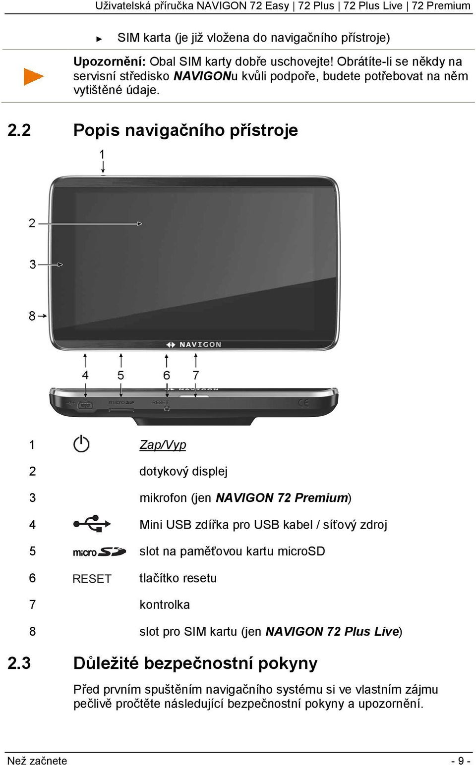 2 Popis navigačního přístroje 1 Zap/Vyp 2 dotykový displej 3 mikrofon (jen NAVIGON 72 Premium) 4 Mini USB zdířka pro USB kabel / síťový zdroj 5 slot na