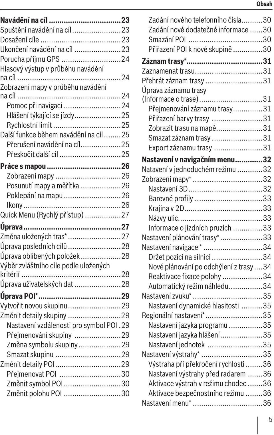 ..25 Přeskočit další cíl...25 Práce s mapou...26 Zobrazení mapy...26 Posunutí mapy a měřítka...26 Poklepání na mapu...26 Ikony...26 Quick Menu (Rychlý přístup)...27 Úprava...27 Změna uložených tras*.