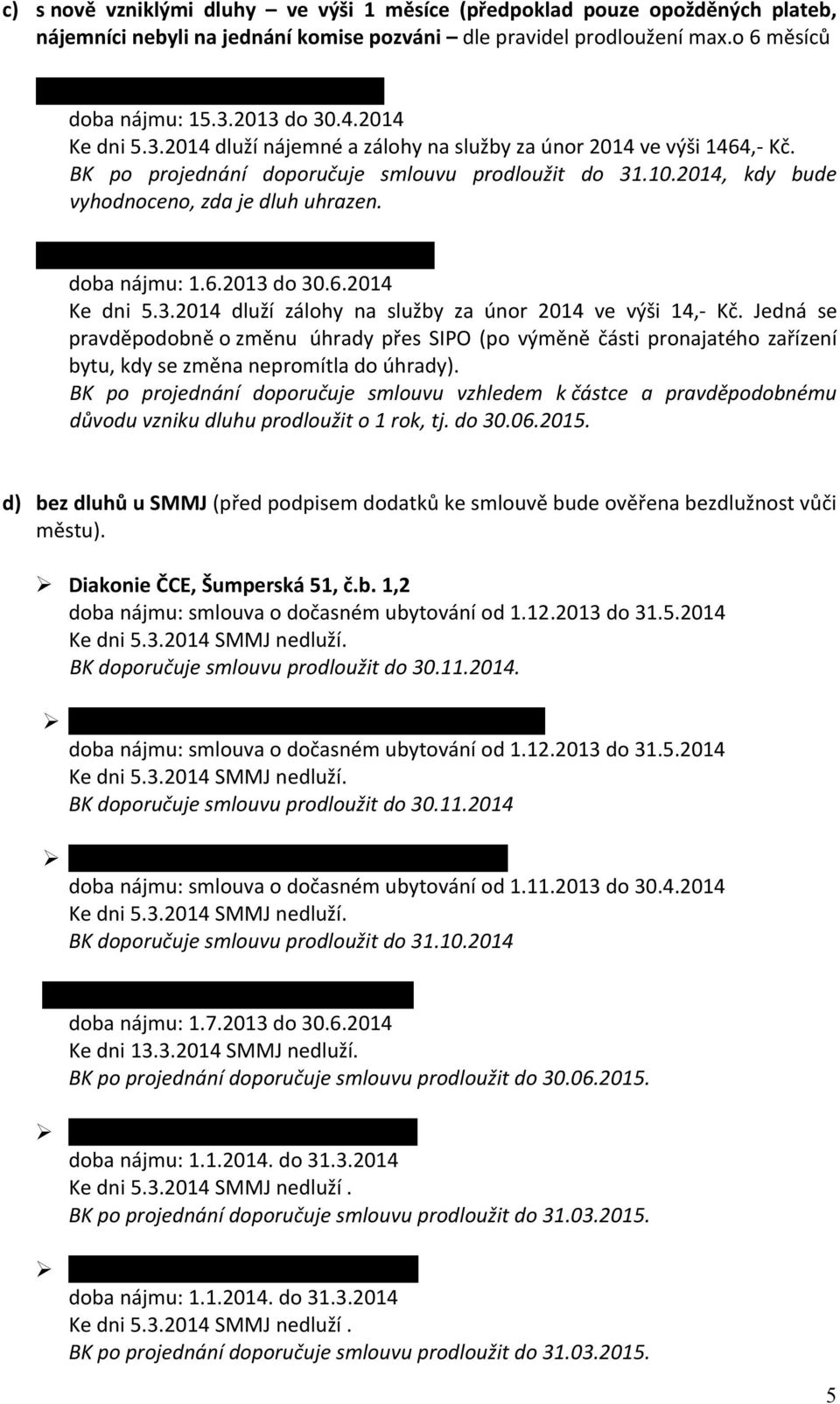 2014, kdy bude vyhodnoceno, zda je dluh uhrazen. Nepustilová Simona, Lipovská 94, č.b. 1 doba nájmu: 1.6.2013 do 30.6.2014 Ke dni 5.3.2014 dluží zálohy na služby za únor 2014 ve výši 14,- Kč.