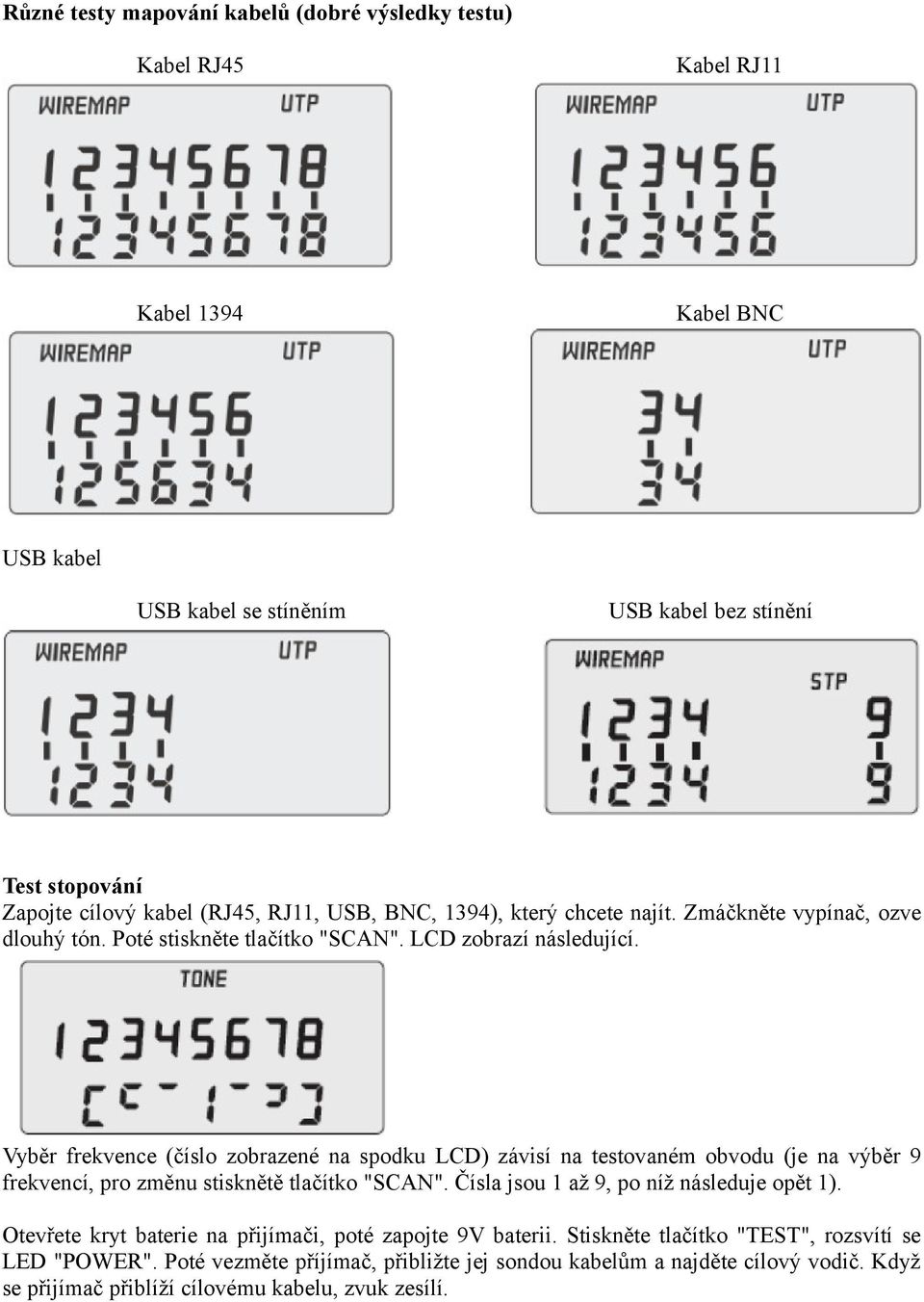 Vyběr frekvence (číslo zobrazené na spodku LCD) závisí na testovaném obvodu (je na výběr 9 frekvencí, pro změnu stisknětě tlačítko "SCAN". Čísla jsou 1 až 9, po níž následuje opět 1).