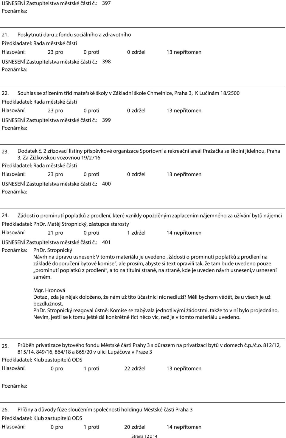 2 zřizovací listiny příspěvkové organizace Sportovní a rekreační areál Pražačka se školní jídelnou, Praha 3, Za Žižkovskou vozovnou 19/2716 23 pro 0 proti USNESENÍ Zastupitelstva městské části č.