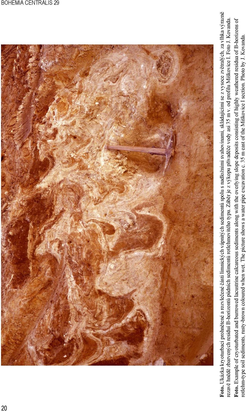 hnědě zbarvených residuí B-horizontů půdních sedimentů rotlehmovitého typu. Záběr je z výkopu přivaděče vody asi 35 m v. od profilu Miškovice I. Foto 