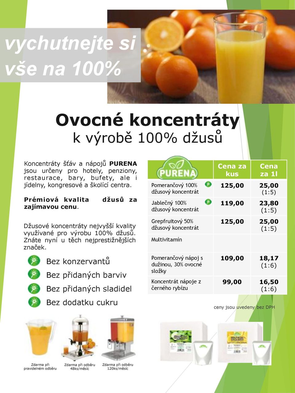 Bez konzervantů džusů za Bez přidaných barviv Bez přidaných sladidel Bez dodatku cukru Pomerančový 100% džusový koncentrát Jablečný 100% džusový koncentrát Grepfruitový 50% džusový koncentrát