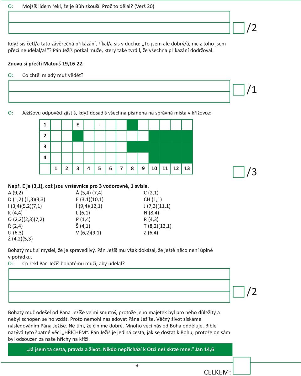 O: Ježíšovu odpověď zjistíš, když dosadíš všechna písmena na správná místa v křížovce: 1 E - 2 3 4 1 2 3 4 5 6 7 8 9 10 11 12 13 Např. E je (3,1), což jsou vrstevnice pro 3 vodorovně, 1 svisle.