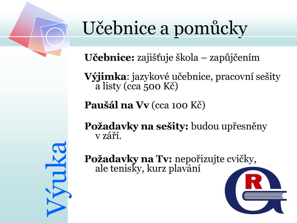 Paušál na Vv (cca 100 Kč) Požadavky na sešity: budou upřesněny v