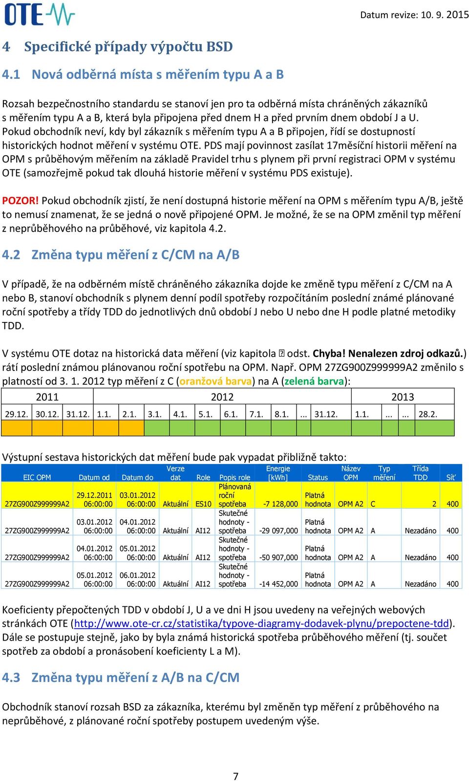dnem období J a U. Pokud obchodník neví, kdy byl zákazník s měřením typu A a B připojen, řídí se dostupností historických hodnot měření v systému OTE.