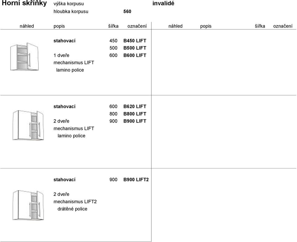 stahovací 600 B620 LIFT 800 B800 LIFT 2 dveře 900 B900 LIFT mechanismus