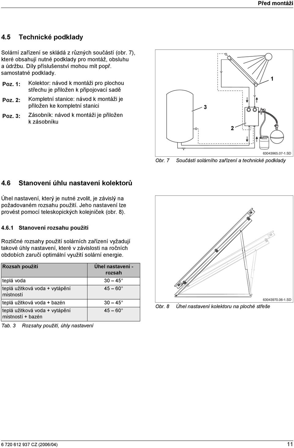 3: Kompletní stance: návod k montáž je přložen ke kompletní stanc Zásobník: návod k montáž je přložen k zásobníku 3 Obr. 7 63043965.07-.SD Součást solárního zařízení a techncké podklady 4.