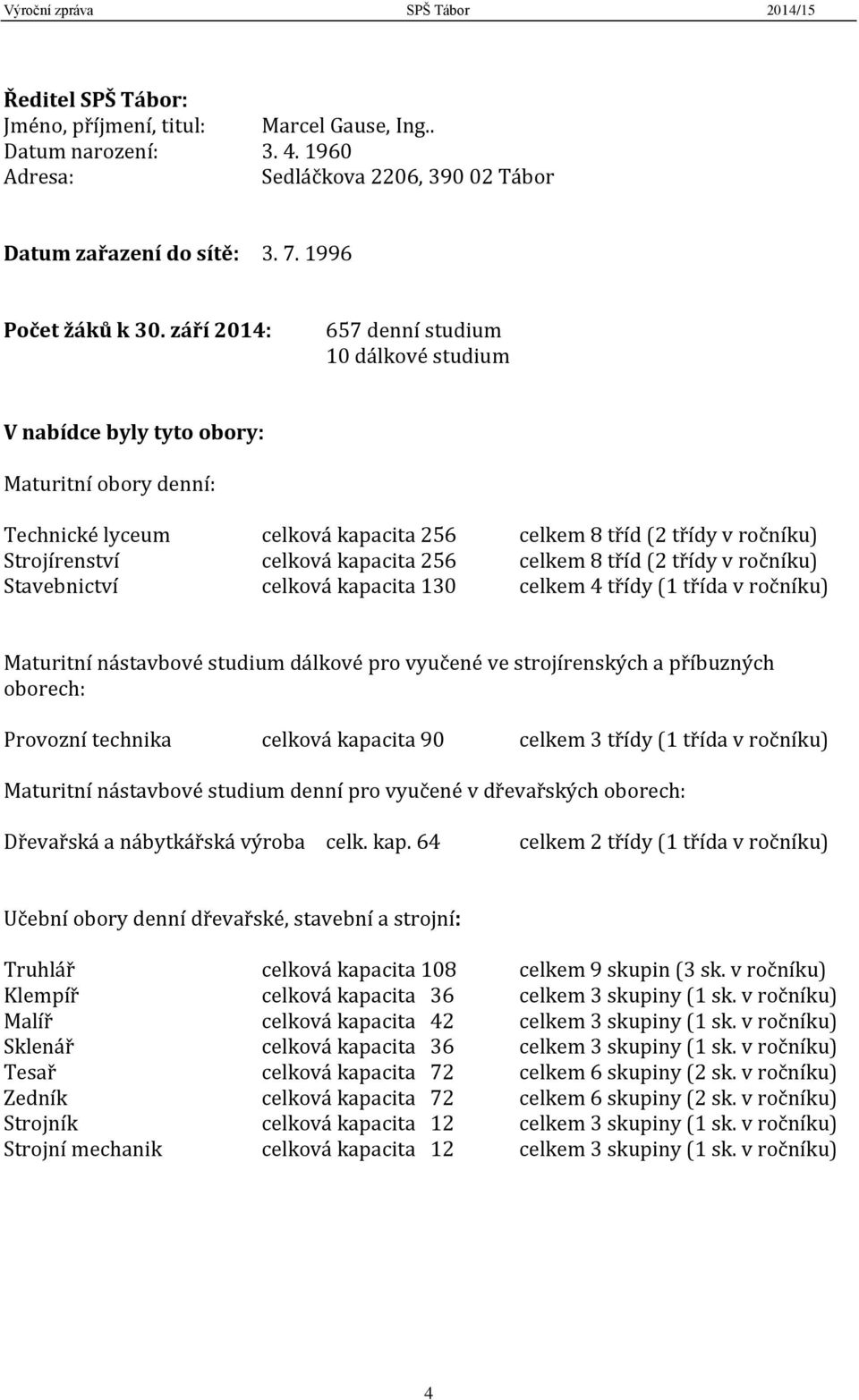 kapacita 256 celkem 8 tříd (2 třídy v ročníku) Stavebnictví celková kapacita 130 celkem 4 třídy (1 třída v ročníku) Maturitní nástavbové studium dálkové pro vyučené ve strojírenských a příbuzných
