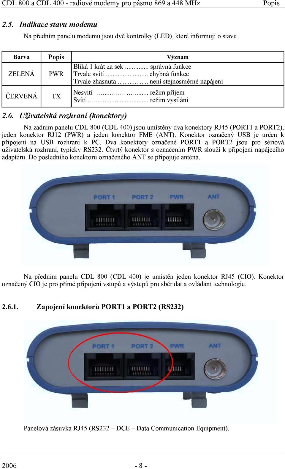 .... režim vysílání Na zadním panelu CDL 800 (CDL 400) jsou umístěny dva konektory RJ45 (PORT1 a PORT2), jeden konektor RJ12 (PWR) a jeden konektor FME (ANT).