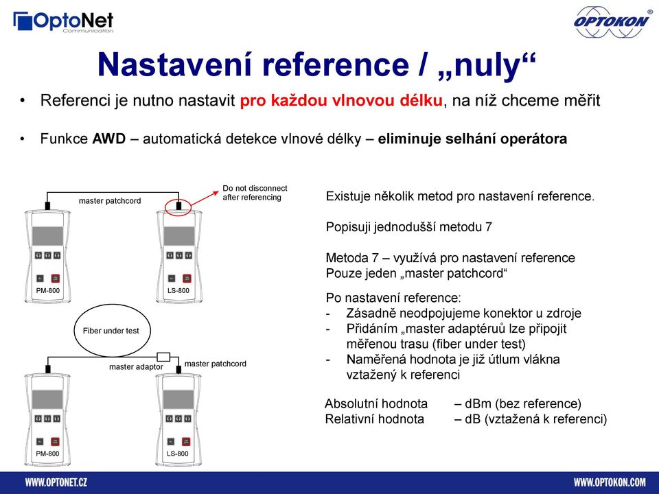 Popisuji jednodušší metodu 7 Metoda 7 využívá pro nastavení reference Pouze jeden master patchcord PM-800 Fiber under test master adaptor LS-800 master patchcord Po nastavení