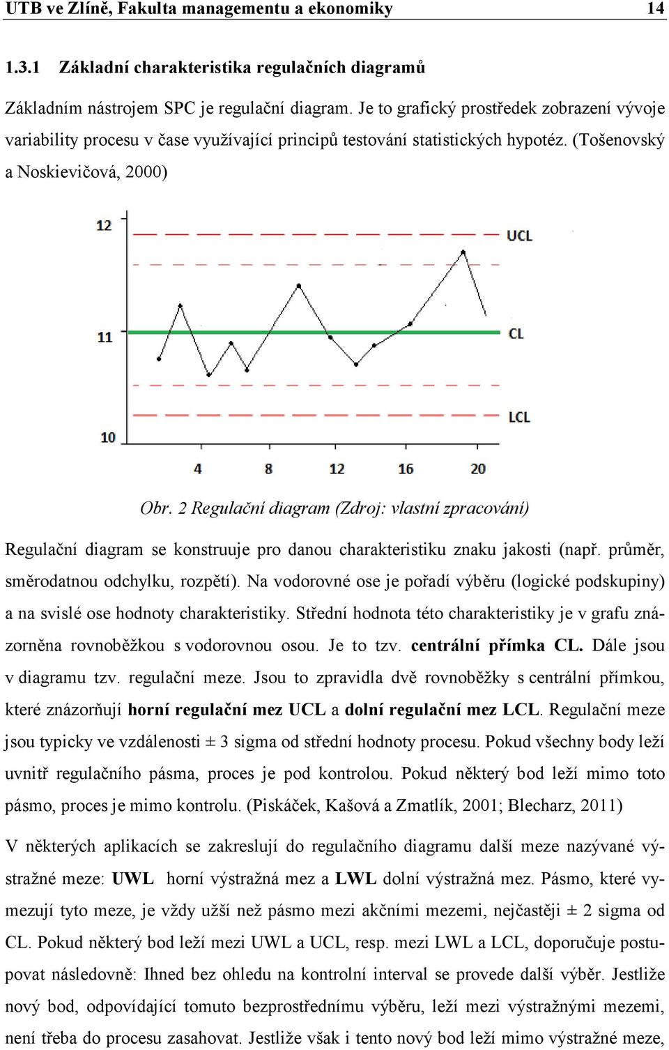 2 Regulační diagram (Zdroj: vlastní zpracování) Regulační diagram se konstruuje pro danou charakteristiku znaku jakosti (např. průměr, směrodatnou odchylku, rozpětí).