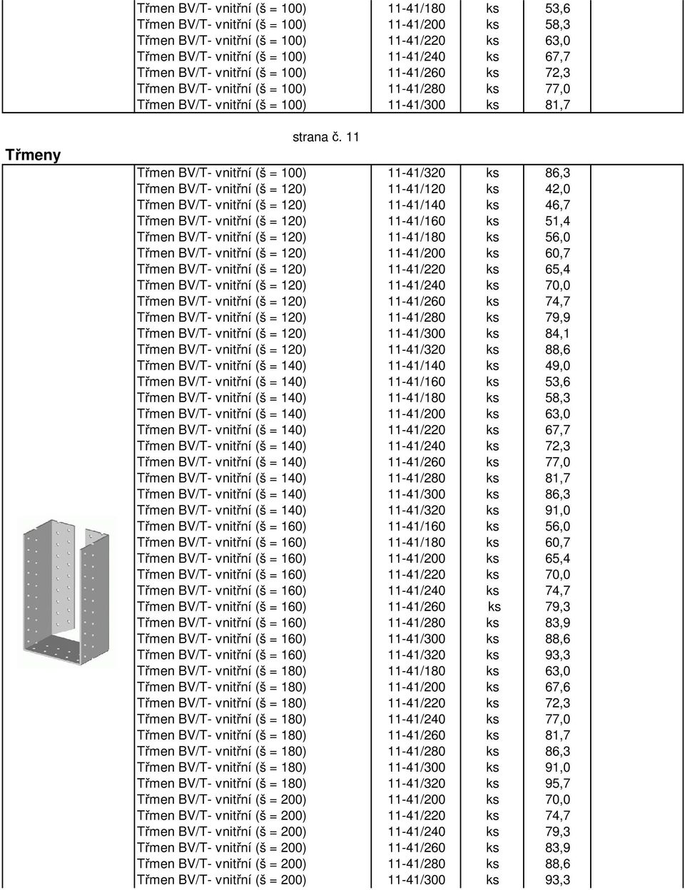 11 Třmen BV/T- vnitřní (š = 100) 11-41/320 ks 86,3 Třmen BV/T- vnitřní (š = 120) 11-41/120 ks 42,0 Třmen BV/T- vnitřní (š = 120) 11-41/140 ks 46,7 Třmen BV/T- vnitřní (š = 120) 11-41/160 ks 51,4