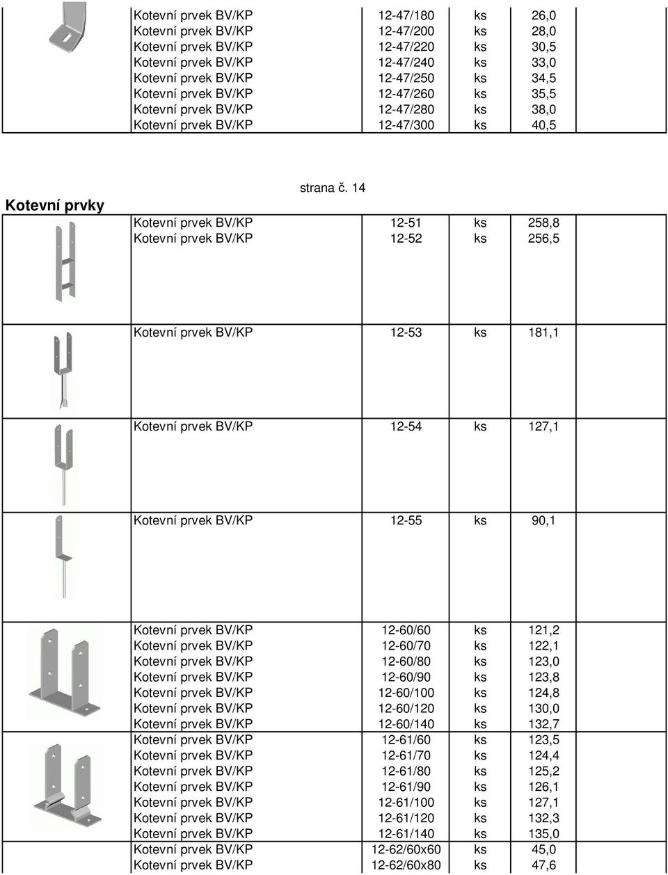 14 Kotevní prvek BV/KP 12-51 ks 258,8 Kotevní prvek BV/KP 12-52 ks 256,5 Kotevní prvek BV/KP 12-53 ks 181,1 Kotevní prvek BV/KP 12-54 ks 127,1 Kotevní prvek BV/KP 12-55 ks 90,1 Kotevní prvek BV/KP