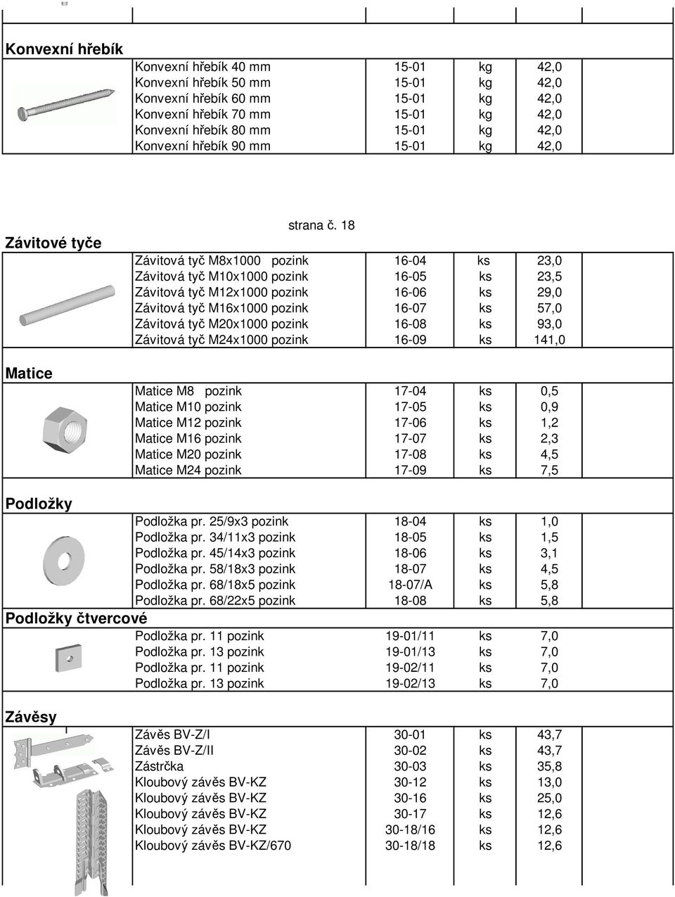 18 Závitová tyč M8x1000 pozink 16-04 ks 23,0 Závitová tyč M10x1000 pozink 16-05 ks 23,5 Závitová tyč M12x1000 pozink 16-06 ks 29,0 Závitová tyč M16x1000 pozink 16-07 ks 57,0 Závitová tyč M20x1000