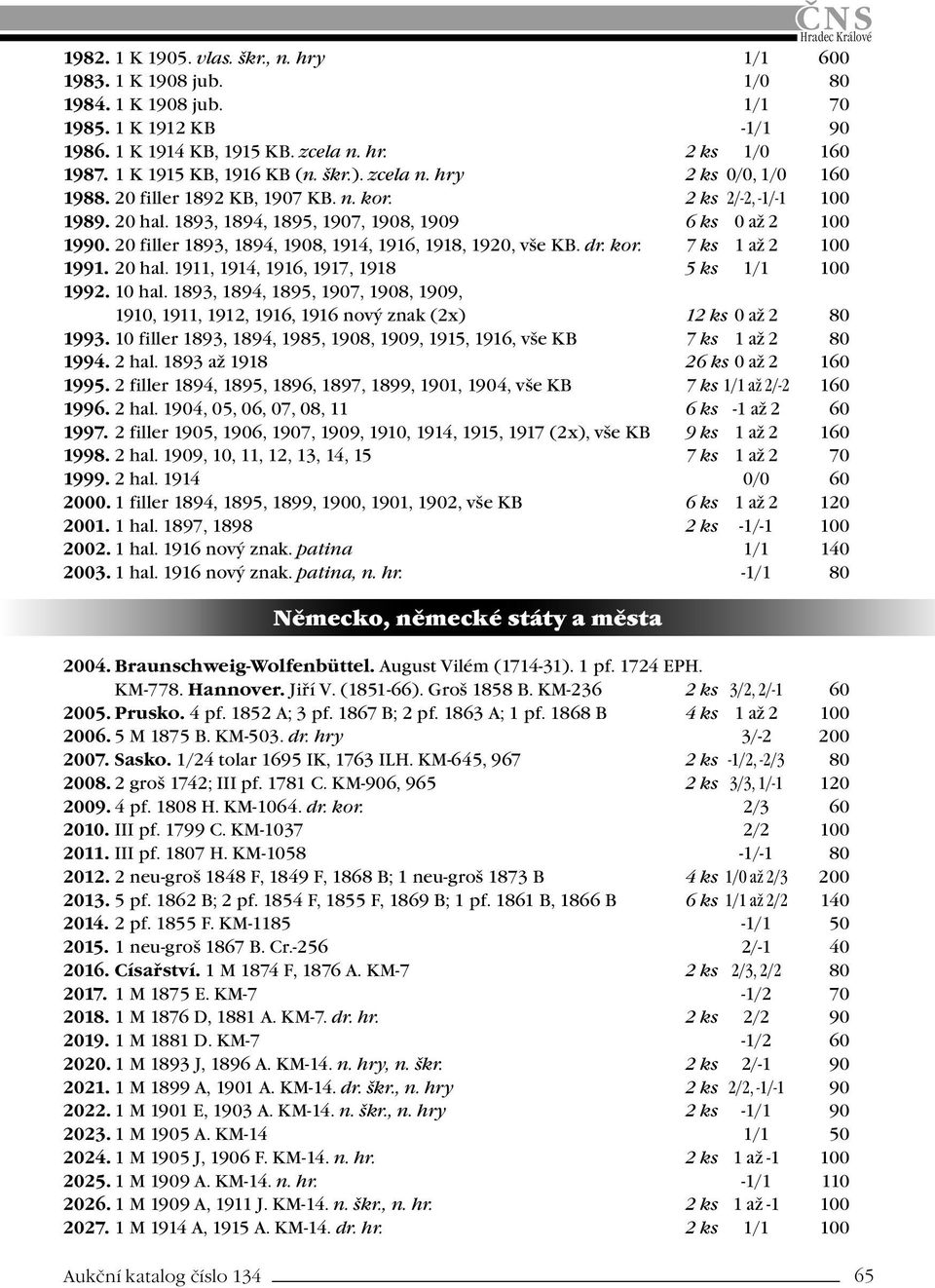 20 filler 1893, 1894, 1908, 1914, 1916, 1918, 1920, vše KB. dr. kor. 7 ks 1 až 2 100 1991. 20 hal. 1911, 1914, 1916, 1917, 1918 5 ks 1/1 100 1992. 10 hal.