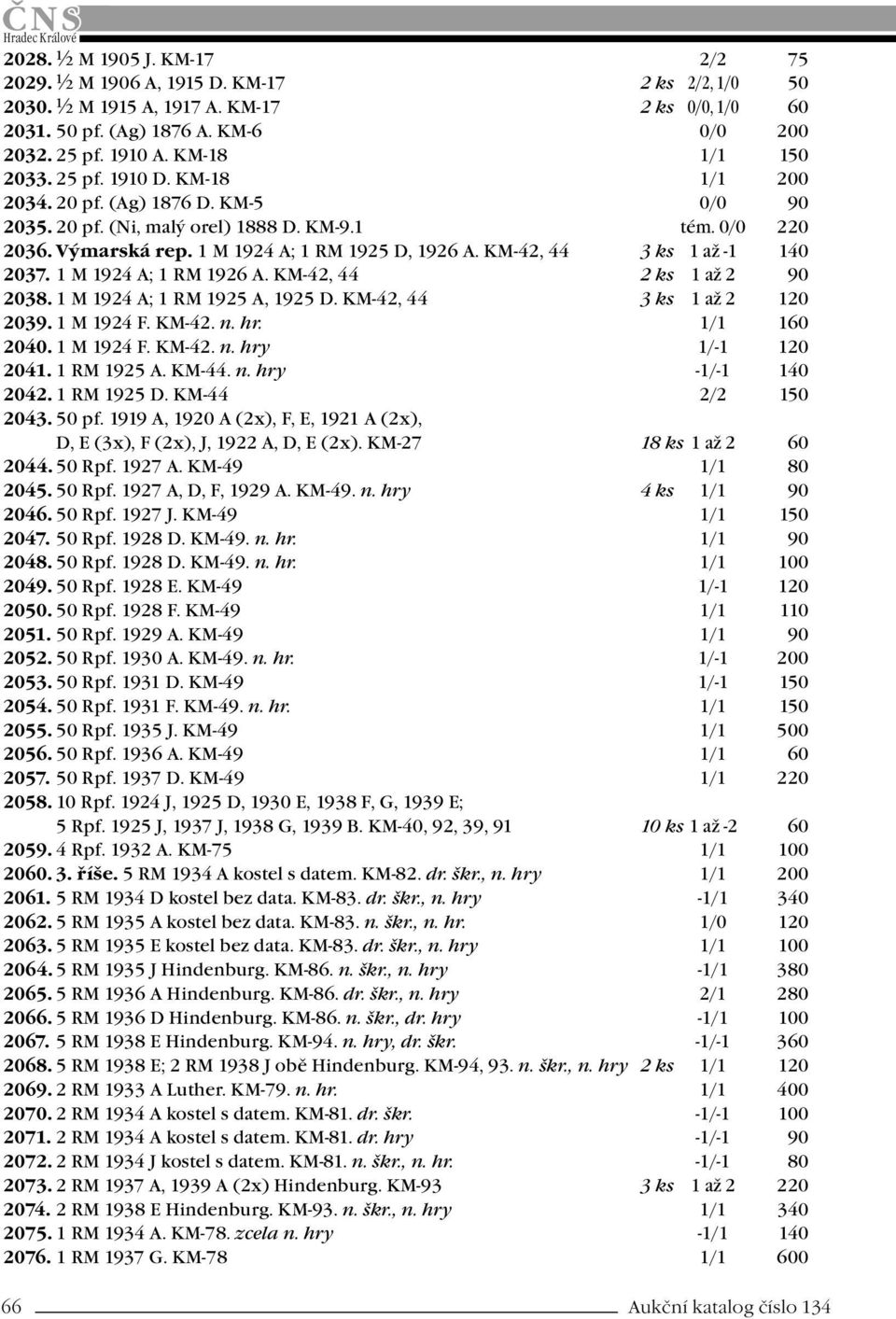 KM-42, 44 3 ks 1 až -1 140 2037. 1 M 1924 A; 1 RM 1926 A. KM-42, 44 2 ks 1 až 2 90 2038. 1 M 1924 A; 1 RM 1925 A, 1925 D. KM-42, 44 3 ks 1 až 2 120 2039. 1 M 1924 F. KM-42. n. hr. 1/1 160 2040.