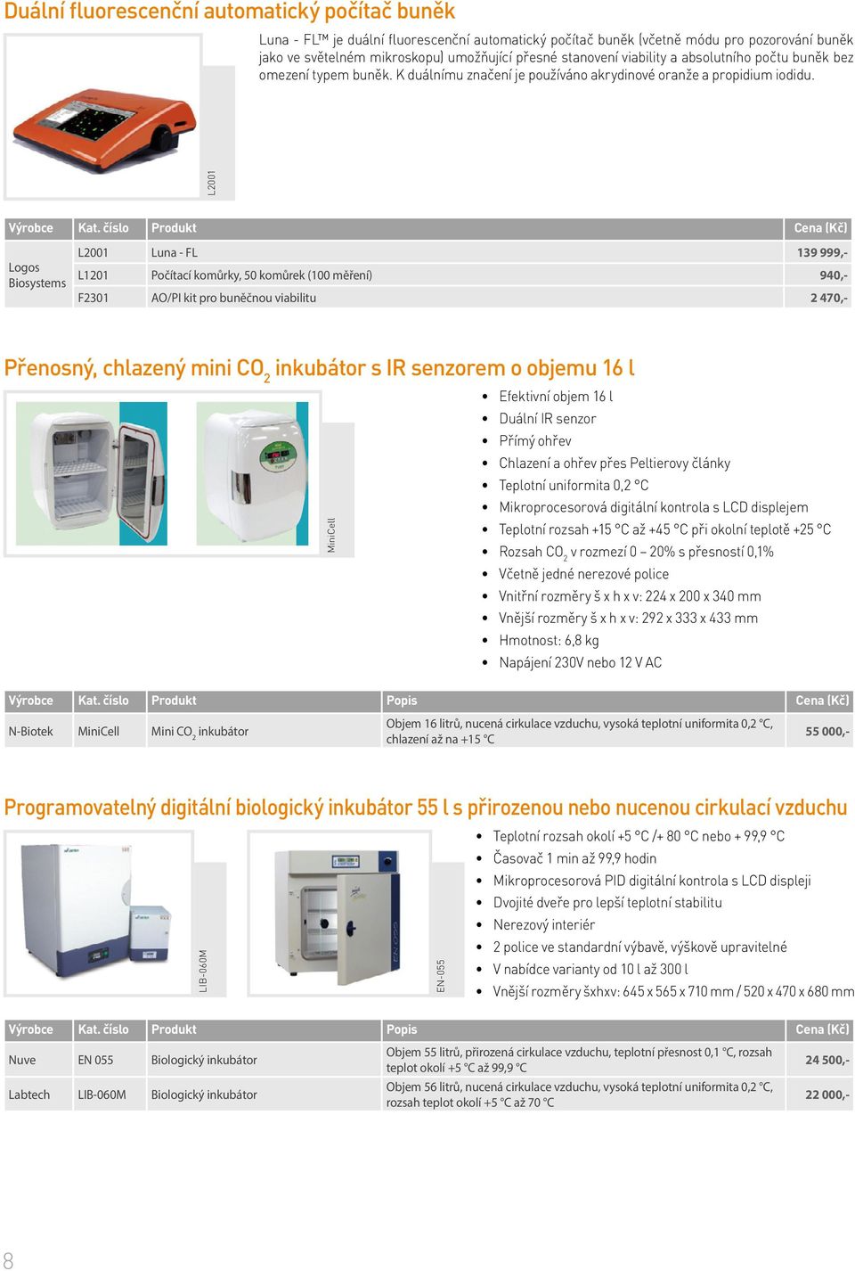 L2001 Logos Biosystems L2001 Luna - FL 139 999,- L1201 Počítací komůrky, 50 komůrek (100 měření) 940,- F2301 AO/PI kit pro buněčnou viabilitu 2 470,- Přenosný, chlazený mini CO 2 inkubátor s IR