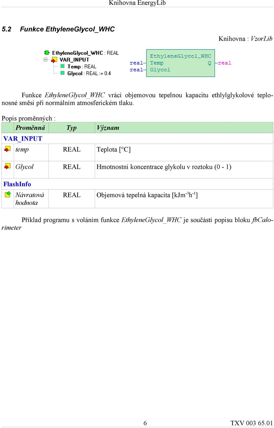 Popis proměnných : VAR_INPUT temp REAL Teplota [ C] Glycol REAL Hmotnostní koncentrace glykolu v roztoku (0-1)