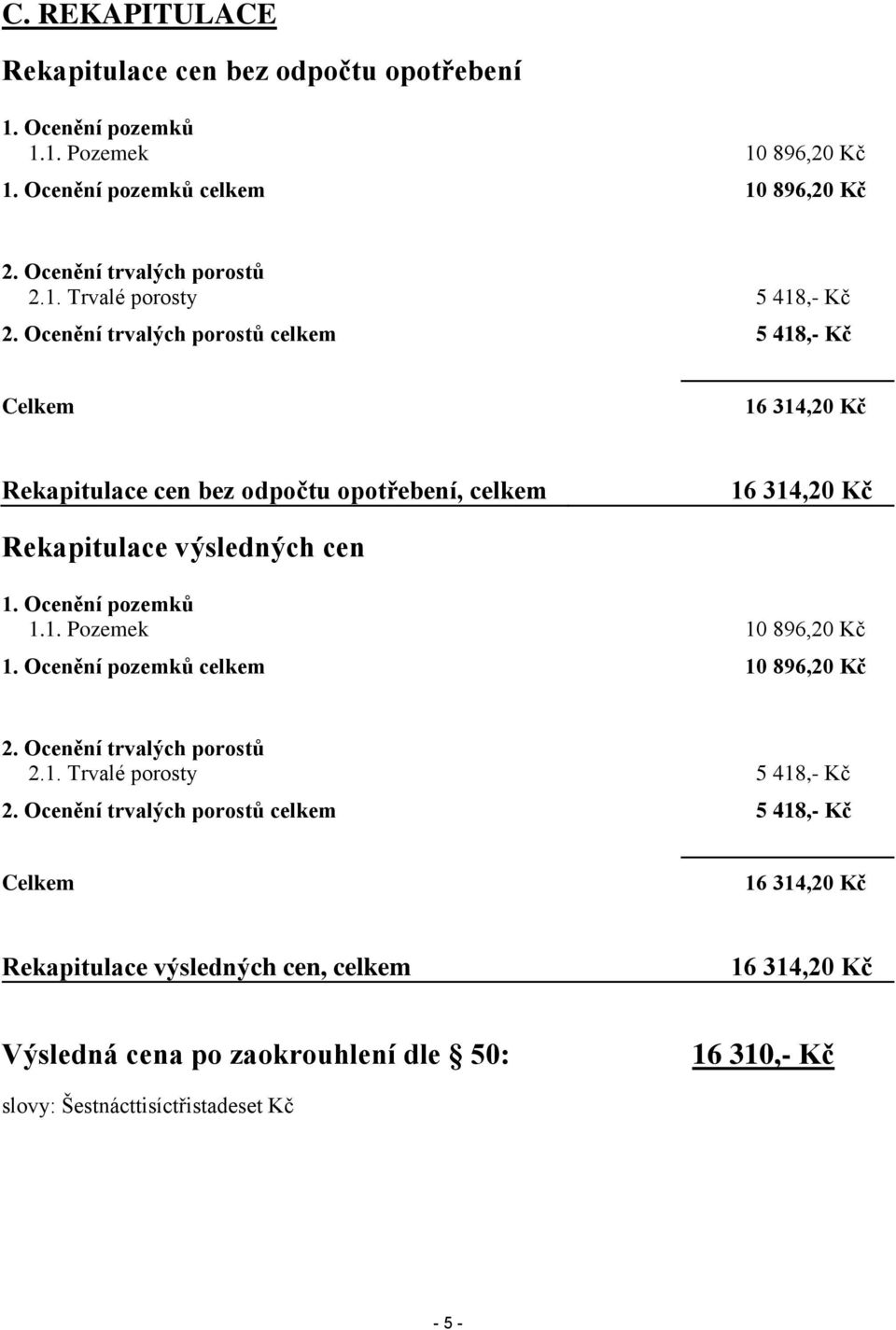 Ocenění pozemků celkem 10 896,20 Kč 2. Ocenění trvalých porostů 2.1. Trvalé porosty 5 418,- Kč 2.