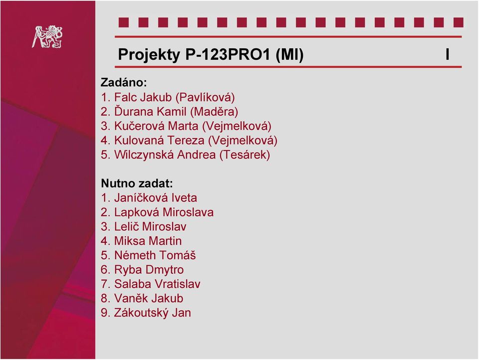 Wilczynská Andrea (Tesárek) Nutno zadat: 1. Janíčková Iveta 2. Lapková Miroslava 3.