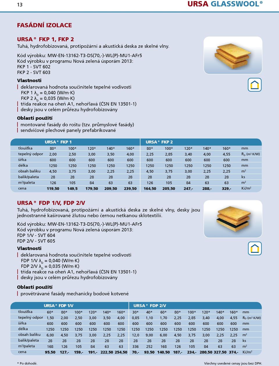 FKP 2 λ D = 0,035 (W/m K) třída reakce na oheň A, nehořlavá (ČSN EN 3-) desky jsou v celém průřezu hydrofobizovány montované fasády do roštu (tzv.