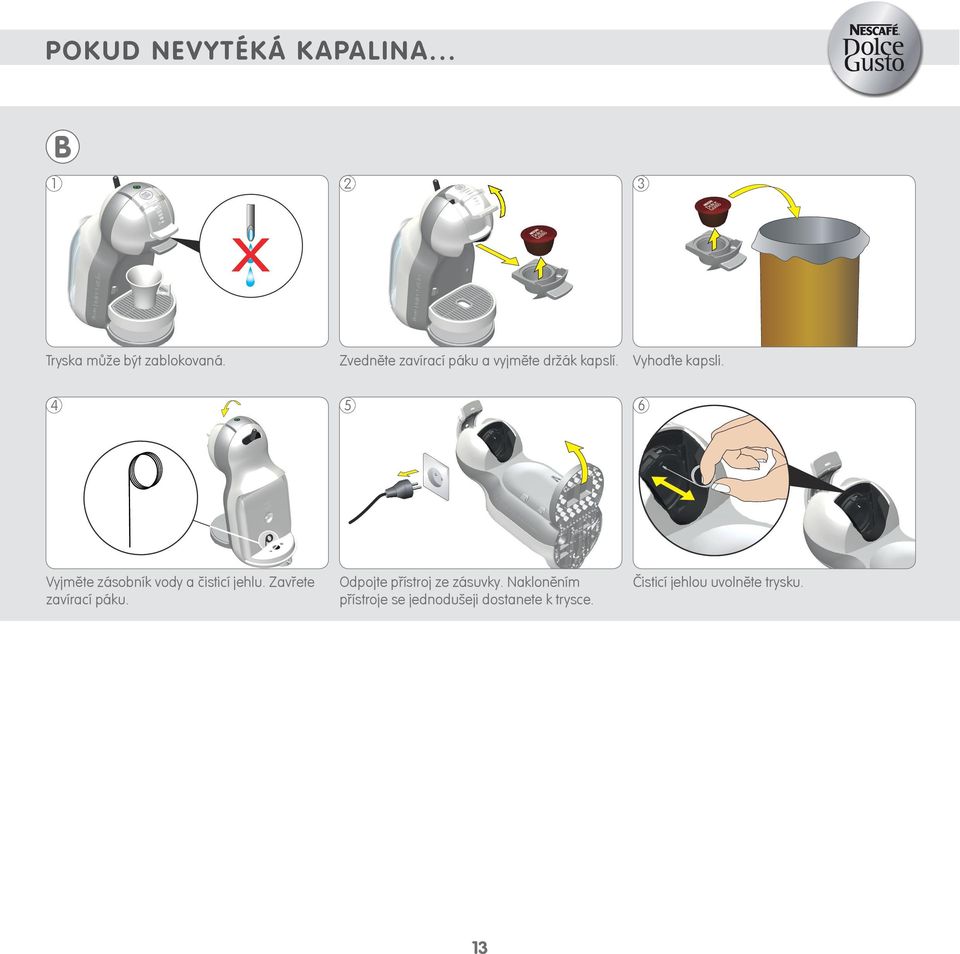 4 5 6 Vyjměte zásobník vody a čisticí jehlu. Zavřete zavírací páku.
