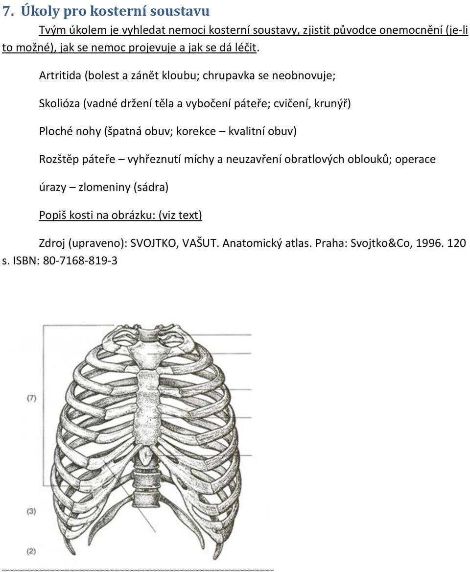 Artritida (bolest a zánět kloubu; chrupavka se neobnovuje; Skolióza (vadné držení těla a vybočení páteře; cvičení, krunýř) Ploché nohy (špatná